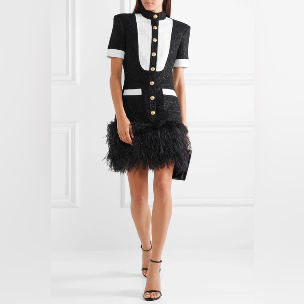 Metallic Tweed Dress with Real Feather